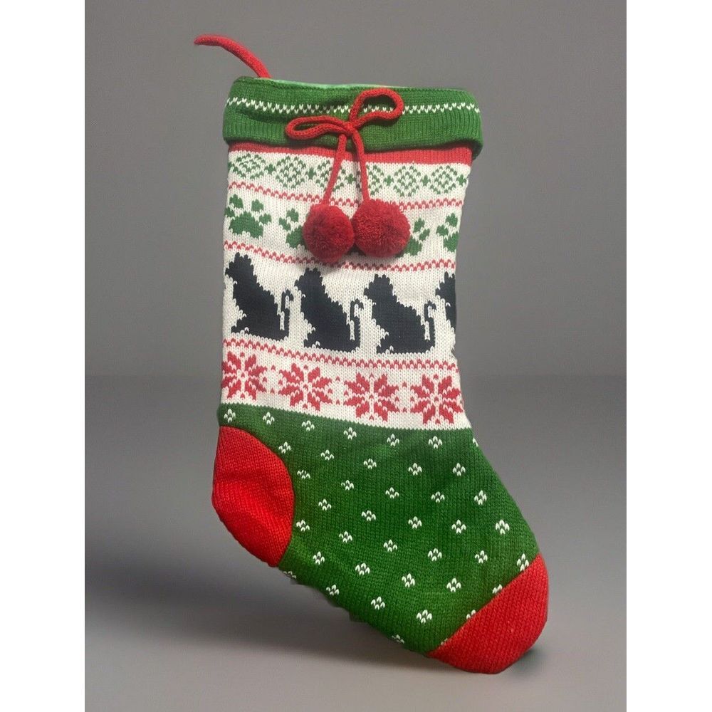 Knitted Cat ✨Christmas Stocking Knit‎ Black Kitty Cat Holiday Stocking 17.5"